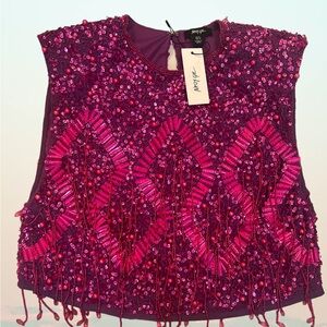 Nasty Gal- Diamante Embellished Tassel Beaded Crop Top- Magenta Pink size 8- NWT